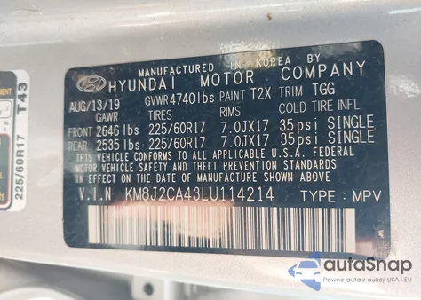 2020 Hyundai Tucson Se z USA, uszkodzony, nr VIN KM8J2CA43LU114214